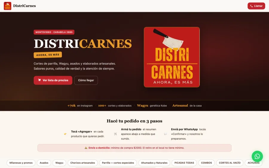Web de DistriCarnes: distribuidora de carnes con pedidos online