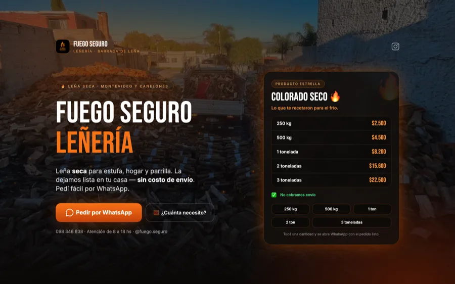 Web de Fuego Seguro: leñería con pedido por WhatsApp