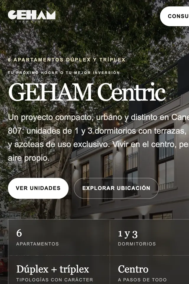 Web de GEHAM Centric, desarrollo inmobiliario hecho por Guiadeo, vista en celular
